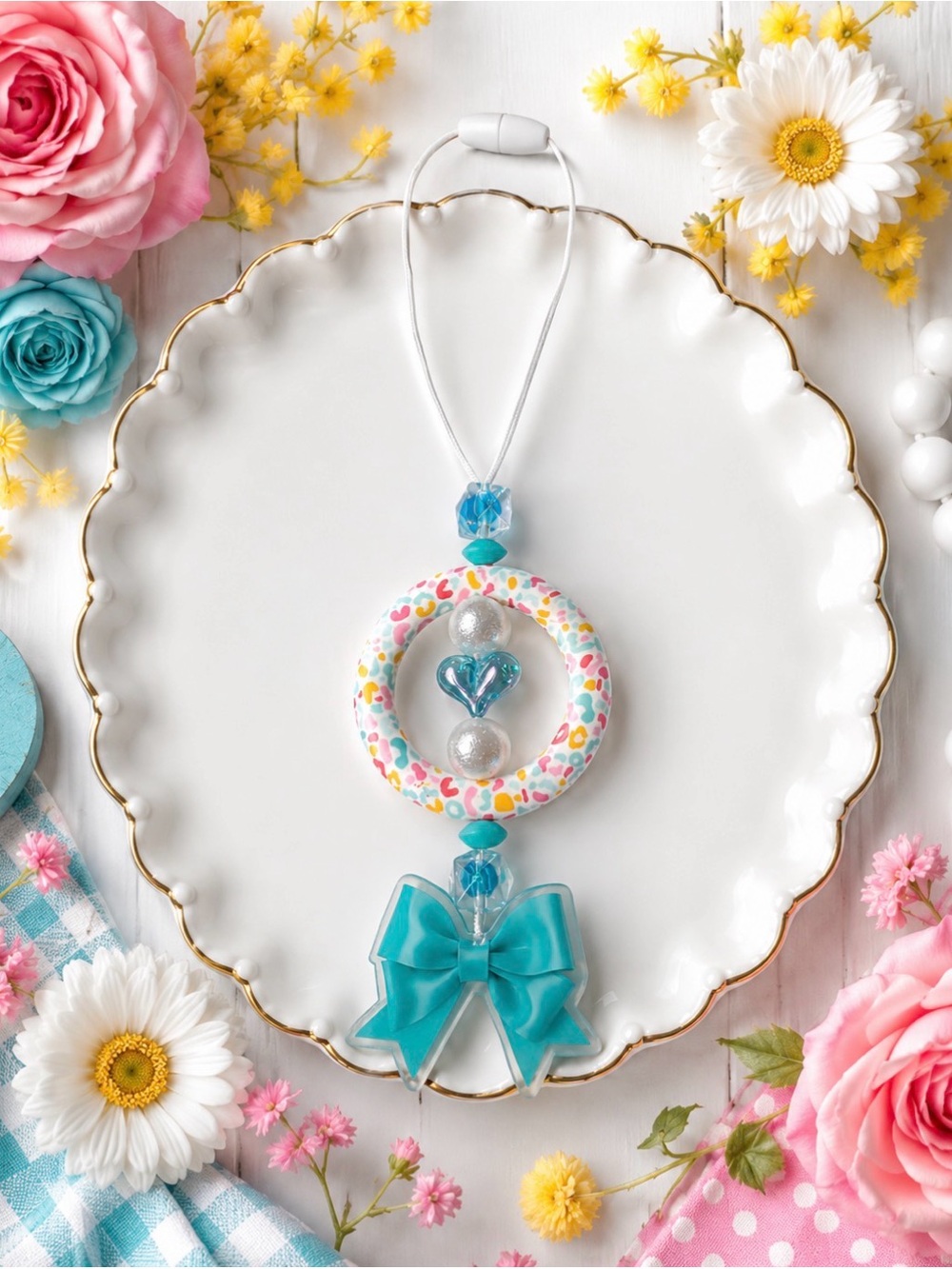 Turquoise Bow & Heart Hanging Car Charm with Confetti Ring